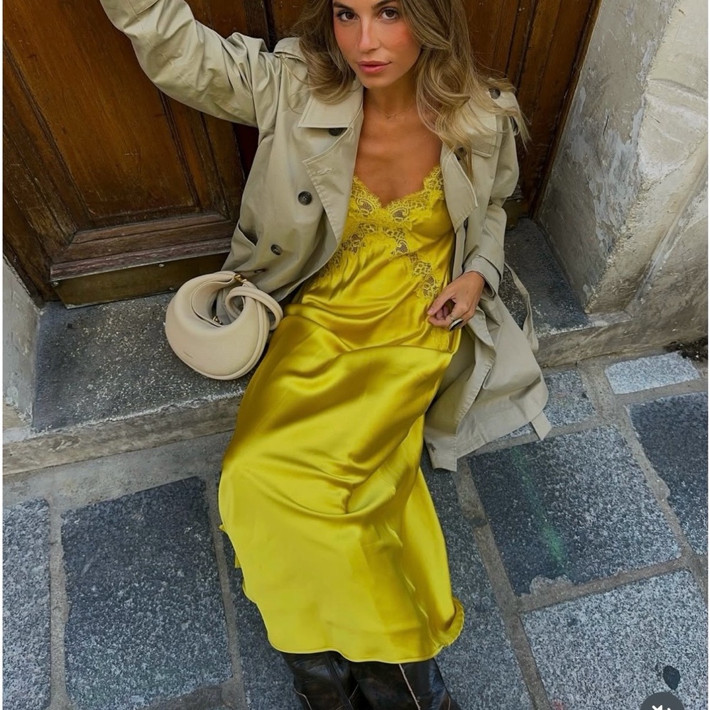 Zara Lace-Trim Slip Satin Maxi Dress in Mustard Chartreuse Yellow - Picture 7 of 15